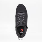 Top view of the Men's Black BILLY Limitless sneaker by BILLY Footwear, featuring gray laces, a mesh upper, a "LIMITLESS" tongue tag, and a red "BILLY" logo on the insole, shown on a plain white background.