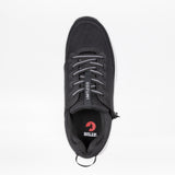 Top view of the Men's Black BILLY Limitless sneaker by BILLY Footwear, featuring gray laces, a mesh upper, a "LIMITLESS" tongue tag, and a red "BILLY" logo on the insole, shown on a plain white background.