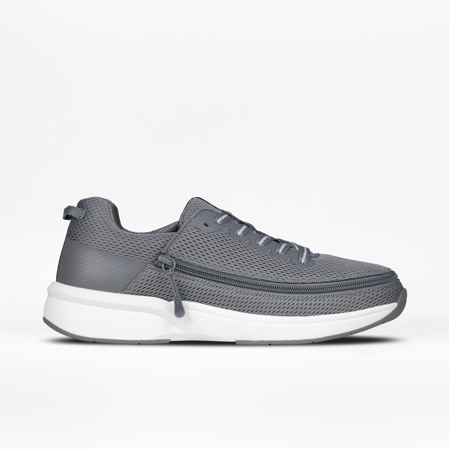 A men's charcoal gray casual shoe with zipper and lace-up closure and a low heel.