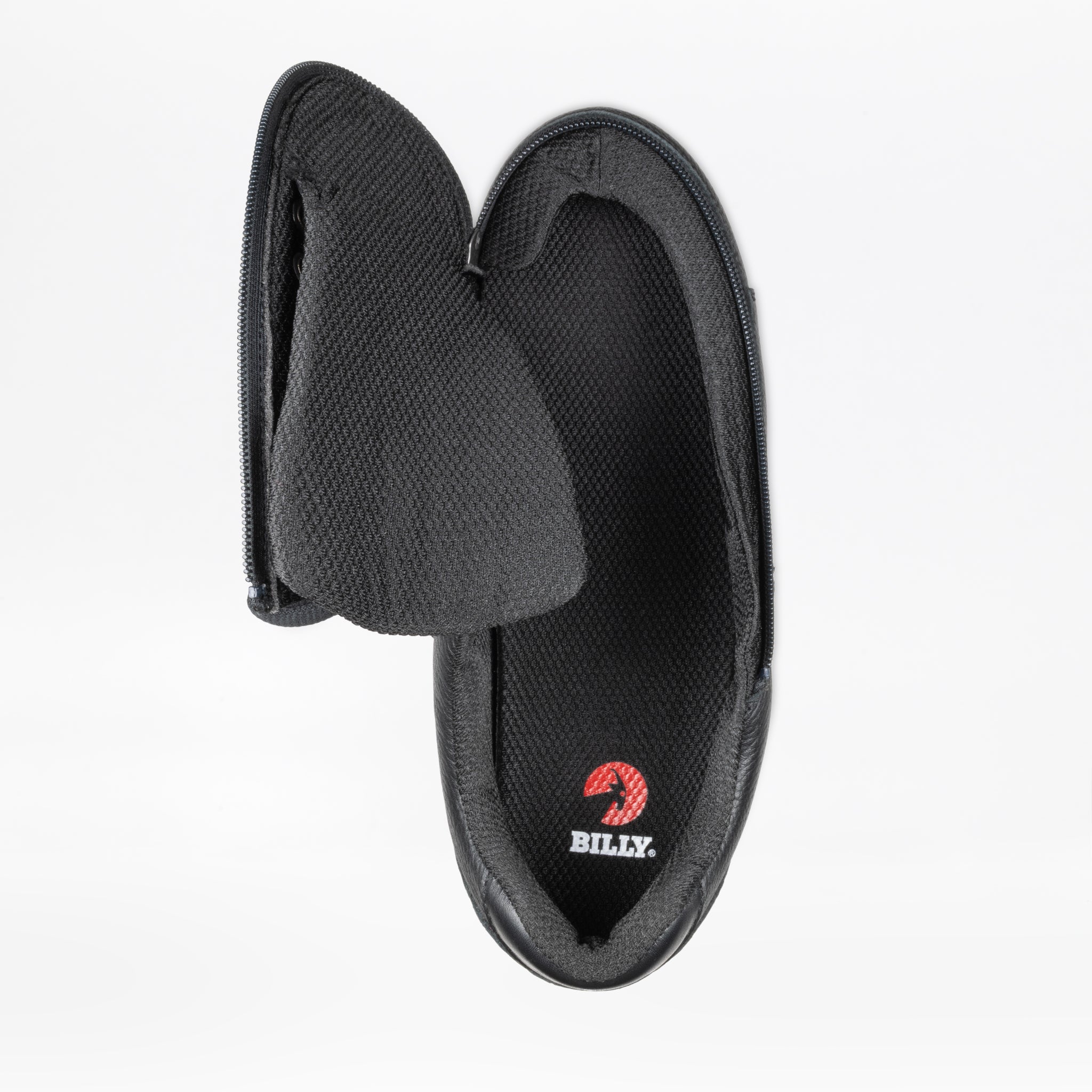 The Men's Black Leather BILLY Comfort Plush from BILLY Footwear features a wraparound zipper and sensory-friendly lining. "BILLY" in white appears on the insole. The shoe is shown from above against a white background.