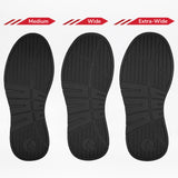 Three black soles of the Men's Black to the Floor Leather BILLY Comfort Plush by BILLY Footwear are side by side, labeled Medium, Wide, and Extra-Wide to showcase width options. Each features the same tread pattern for maximum comfort.