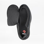 The Men's Black to the Floor Leather BILLY Comfort Plush by BILLY Footwear is shown from above on a white background with its wraparound zipper upper flap fully open, revealing the insole with BILLY and a red logo.