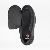 The Men's Black to the Floor Leather BILLY Comfort Plush by BILLY Footwear is shown from above on a white background with its wraparound zipper upper flap fully open, revealing the insole with BILLY and a red logo.