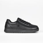 The Men's Black to the Floor Leather BILLY Comfort Plush by BILLY Footwear features a textured black leather finish, black laces, a wraparound zipper for easy access, and a black rubber sole. Shown in profile on a white background.