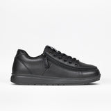 The Men's Black to the Floor Leather BILLY Comfort Plush by BILLY Footwear features a textured black leather finish, black laces, a wraparound zipper for easy access, and a black rubber sole. Shown in profile on a white background.