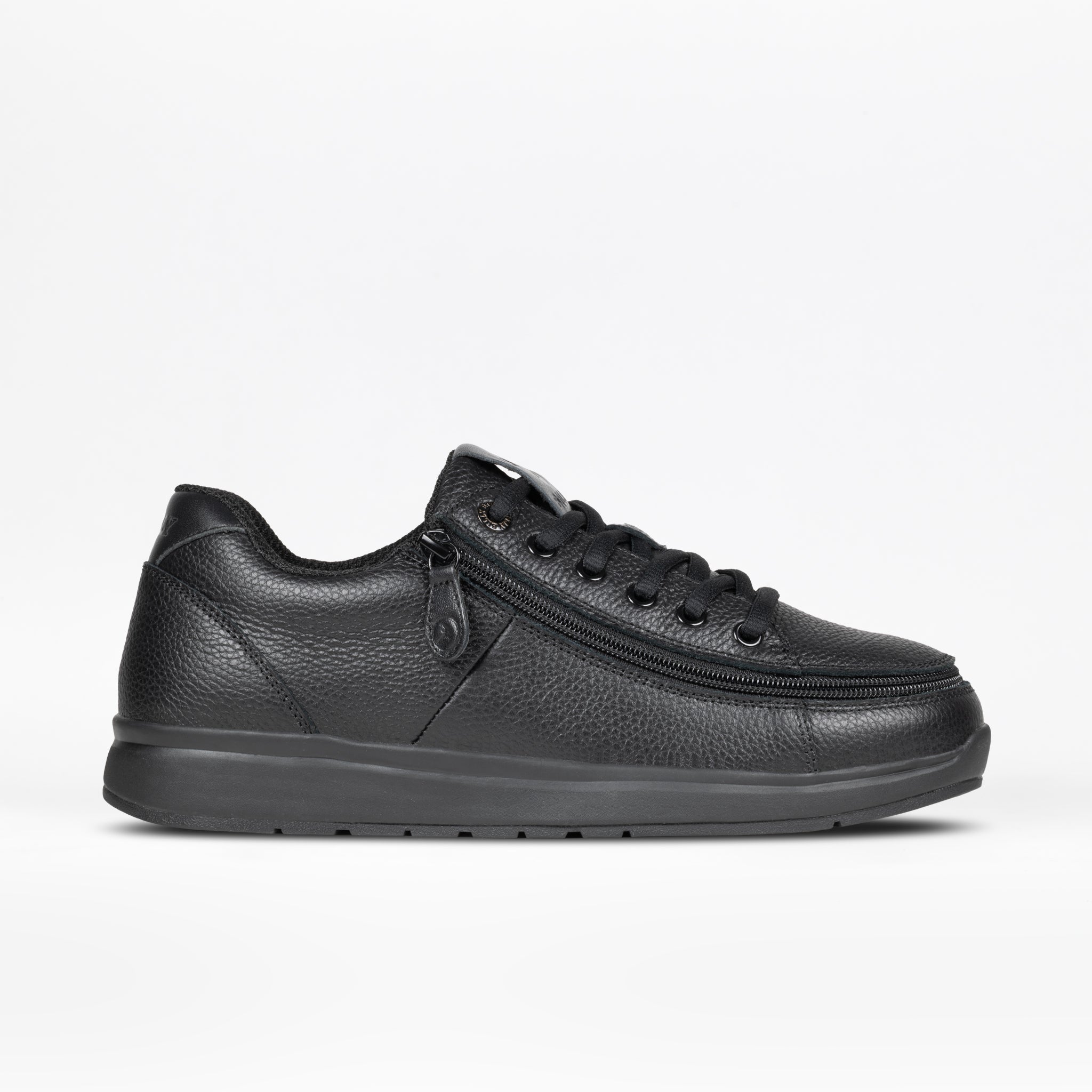 The Men's Black to the Floor Leather BILLY Comfort Plush by BILLY Footwear features a textured black leather finish, black laces, a wraparound zipper for easy access, and a black rubber sole. Shown in profile on a white background.