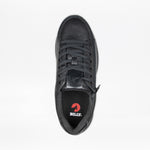 Top view of the Men's Black to the Floor Leather BILLY Comfort Plush by BILLY Footwear, featuring a black leather upper, black laces, textured surface, red circular logo with "BILLY" on the insole, plus a discreet wraparound zipper for easy access.
