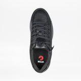 Top view of the Men's Black to the Floor Leather BILLY Comfort Plush by BILLY Footwear, featuring a black leather upper, black laces, textured surface, red circular logo with "BILLY" on the insole, plus a discreet wraparound zipper for easy access.