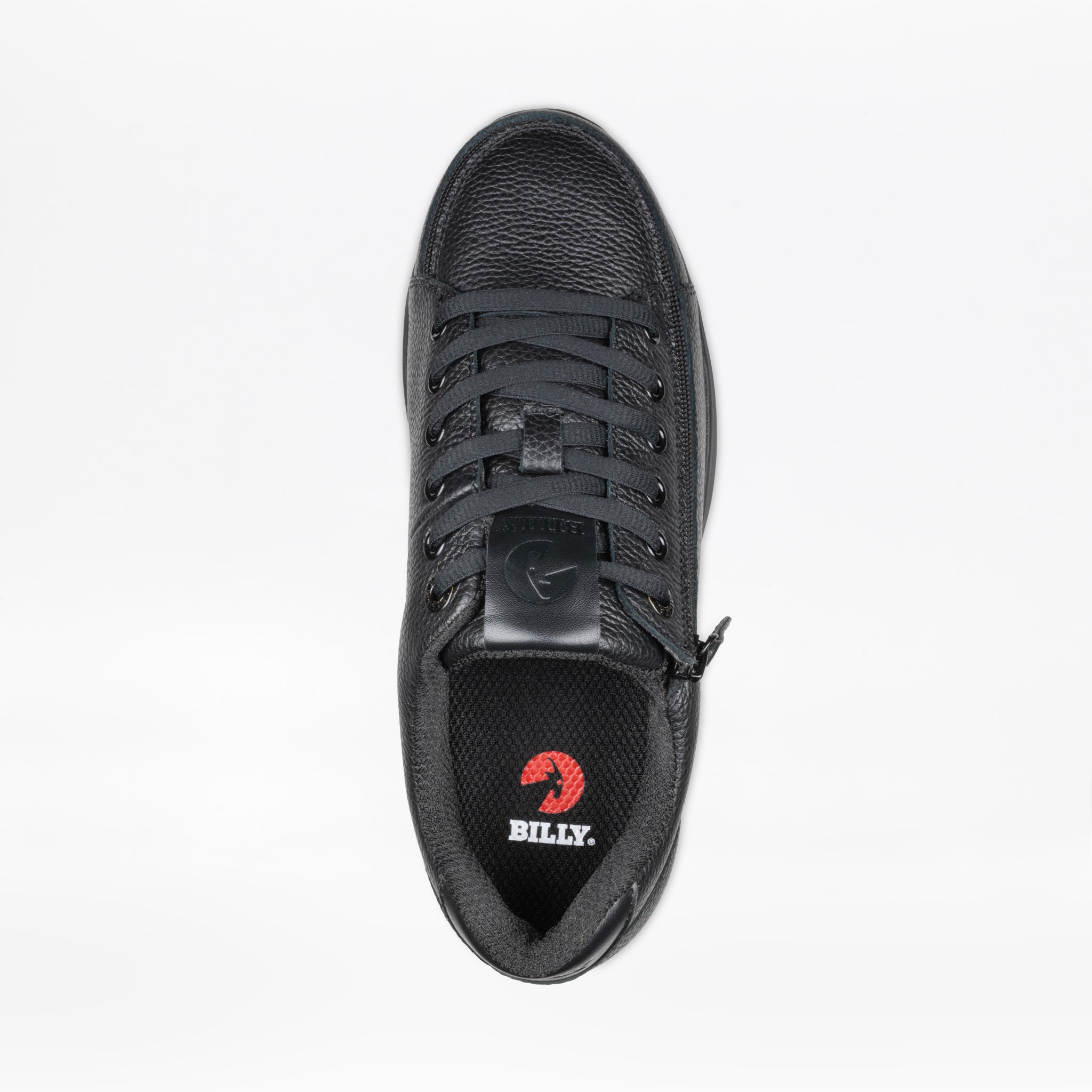 Top view of the Men's Black to the Floor Leather BILLY Comfort Plush by BILLY Footwear, featuring a black leather upper, black laces, textured surface, red circular logo with "BILLY" on the insole, plus a discreet wraparound zipper for easy access.