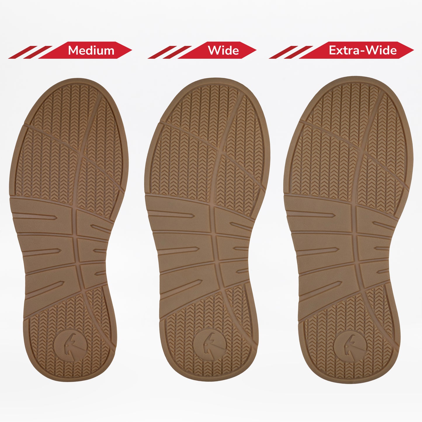 Three brown shoe soles labeled Medium, Wide, and Extra-Wide highlight the variety of fit options for the BILLY Footwear Men's Navy Suede BILLY Comfort Plush sensory-friendly shoes, each with similar tread patterns and increasing sole width.
