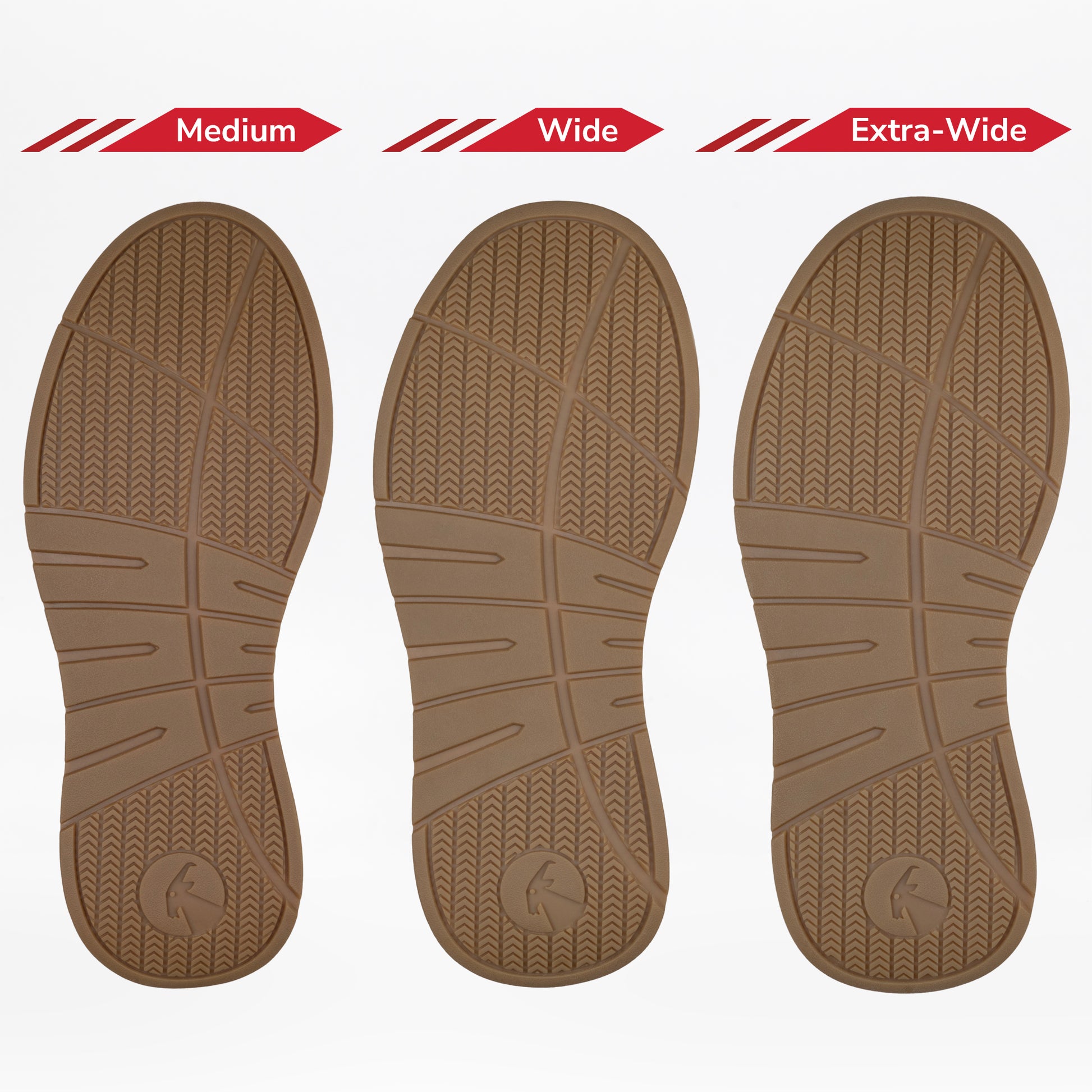 Three brown shoe soles labeled Medium, Wide, and Extra-Wide highlight the variety of fit options for the BILLY Footwear Men's Navy Suede BILLY Comfort Plush sensory-friendly shoes, each with similar tread patterns and increasing sole width.