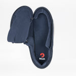 The Men's Navy Suede BILLY Comfort Plush shoe by BILLY Footwear features textured navy fabric, a wraparound zipper for full upper access, a red BILLY logo on the insole, and is shown against a white background.