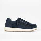 A Men's Navy Suede BILLY Comfort Plush sneaker by BILLY Footwear, featuring a white rubber sole, wraparound side zipper, and matching navy laces, displayed in profile on a plain white background for sensory-friendly comfort.
