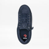 The Men's Navy Suede BILLY Comfort Plush shoe by BILLY Footwear is shown from above, highlighting its lace-up and wraparound zipper design, plus a black insole with the red BILLY logo on a white background.