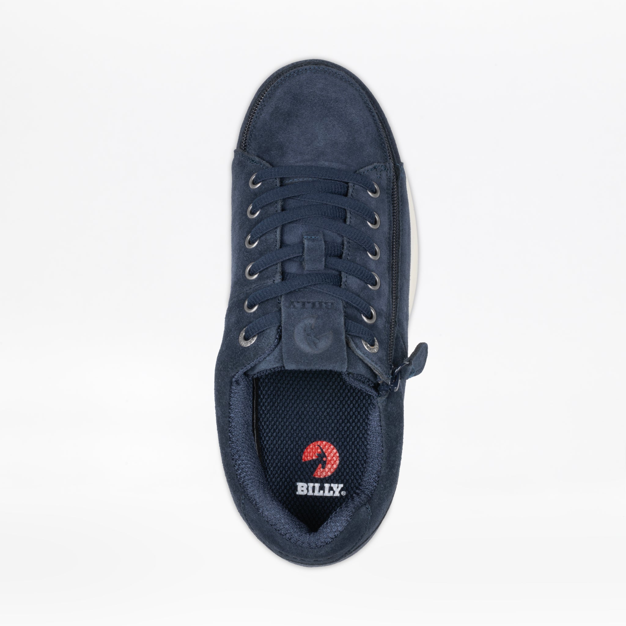 The Men's Navy Suede BILLY Comfort Plush shoe by BILLY Footwear is shown from above, highlighting its lace-up and wraparound zipper design, plus a black insole with the red BILLY logo on a white background.