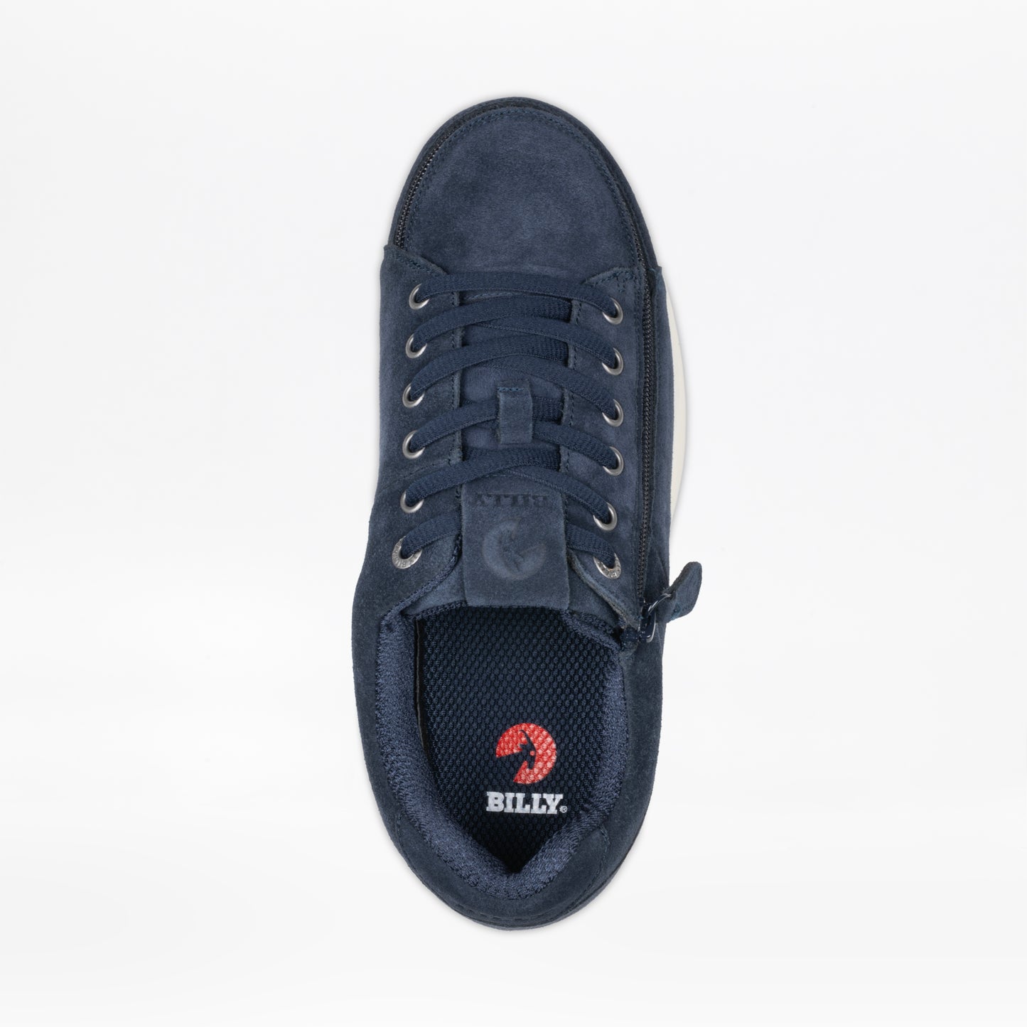 The Men's Navy Suede BILLY Comfort Plush shoe by BILLY Footwear is shown from above, highlighting its lace-up and wraparound zipper design, plus a black insole with the red BILLY logo on a white background.