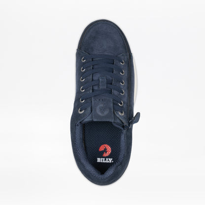 The Men's Navy Suede BILLY Comfort Plush shoe by BILLY Footwear is shown from above, highlighting its lace-up and wraparound zipper design, plus a black insole with the red BILLY logo on a white background.