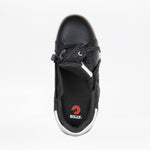 Top view of the Men's Black Leather BILLY Comfort Luxe from BILLY Footwear, showing the zippered opening partially open and a branded insole with "BILLY." in white letters and a red logo, set on a white background.