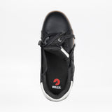 Top view of the Men's Black Leather BILLY Comfort Luxe from BILLY Footwear, showing the zippered opening partially open and a branded insole with "BILLY." in white letters and a red logo, set on a white background.