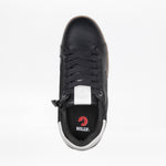 Top view of the Men's Black Leather BILLY Comfort Luxe sneaker by BILLY Footwear, featuring black laces, a white tongue label, a white heel accent, a red insole logo, sensory-friendly design, and a side zipper.