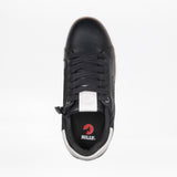Top view of the Men's Black Leather BILLY Comfort Luxe sneaker by BILLY Footwear, featuring black laces, a white tongue label, a white heel accent, a red insole logo, sensory-friendly design, and a side zipper.