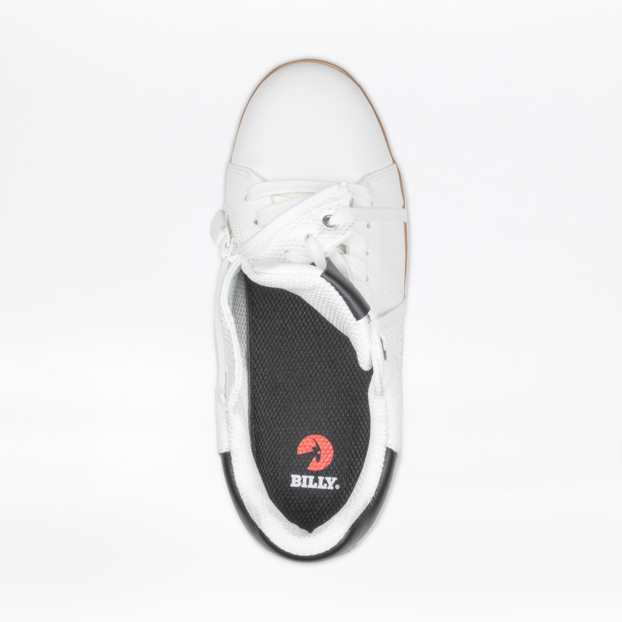 The Men's White Leather BILLY Comfort Luxe by BILLY Footwear features white laces, a black insole with a red and white logo, and is shown partly unzipped from above to reveal its sensory-friendly interior.