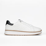The Men's White Leather BILLY Comfort Luxe by BILLY Footwear features white laces, a brown sole, side stitch details, and a black heel accent, shown against a plain white background.