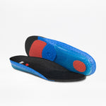 A pair of insoles for Women's Black/White BILLY CS Low sneakers by BILLY Footwear, featuring black tops, blue textured sides and bottoms, and red cushion zones at the heel and forefoot. One insole is flat; the other shows the bottom.