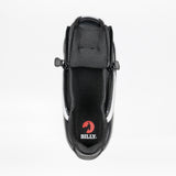 Top view of the Women's Black/White BILLY CS Low by BILLY Footwear with side zippers open, showing a black insole featuring a red BILLY logo and goat head graphic. Shoe is set against a plain white background.