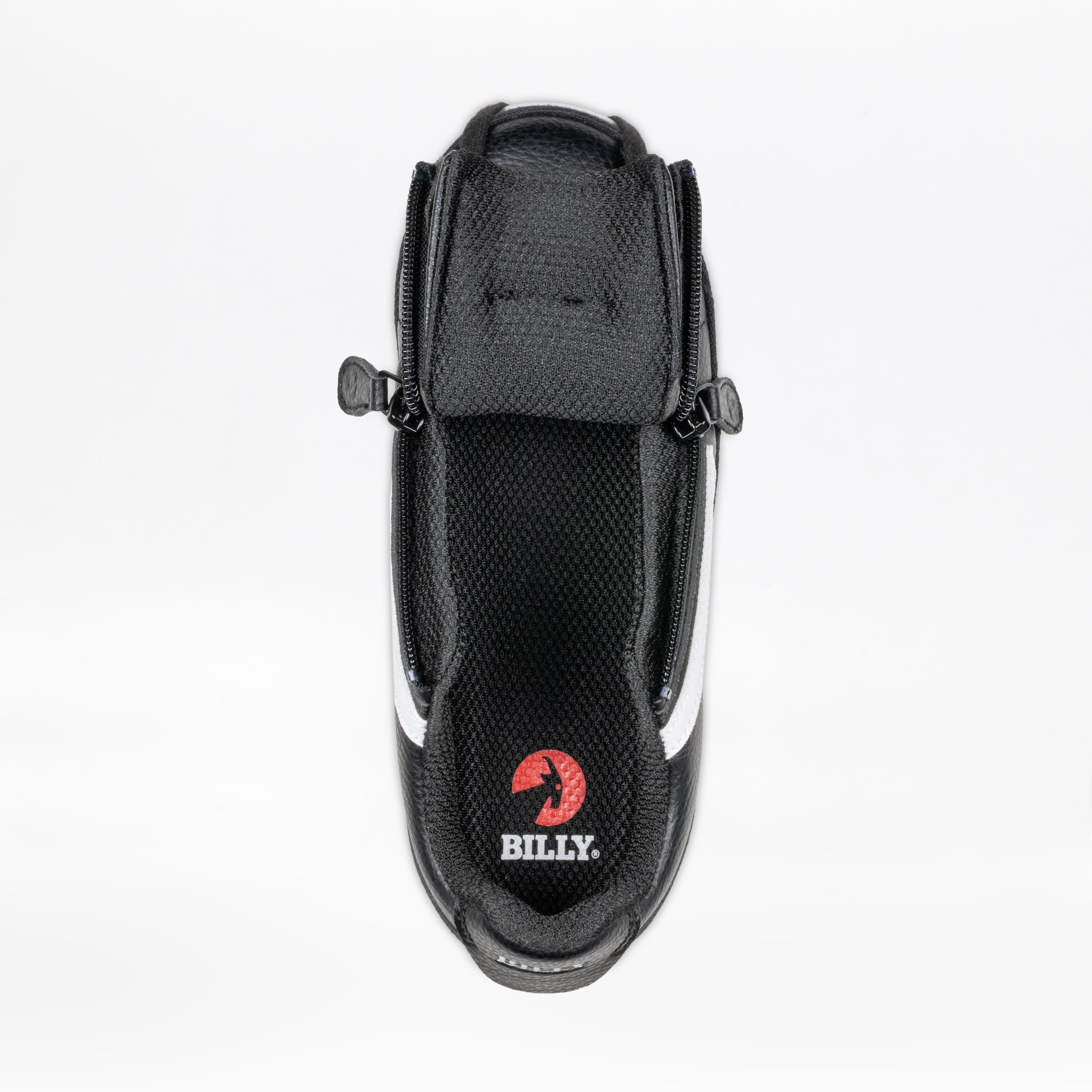 Top view of the Women's Black/White BILLY CS Low by BILLY Footwear with side zippers open, showing a black insole featuring a red BILLY logo and goat head graphic. Shoe is set against a plain white background.