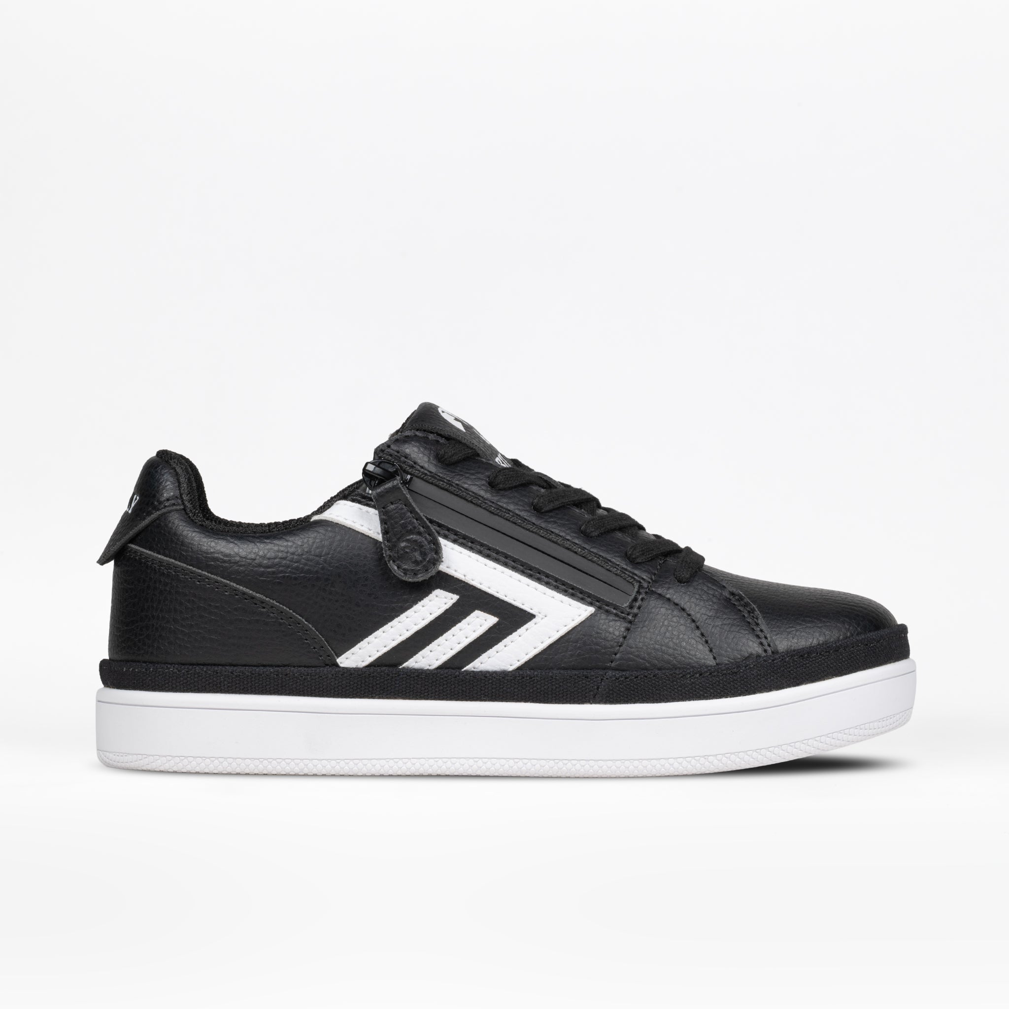 The Women's CS Low by BILLY Footwear in Black/White features a step-in design, side zipper, chevron detail, black laces, and a white rubber sole, shown against a plain white background.