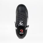 Top view of the Women's Black/White BILLY CS Low skate sneaker by BILLY Footwear with laces, a white tongue label featuring the BILLY goat logo, and a red and white insole logo. Sensory-friendly design shown on a white background.