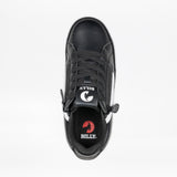 Top view of the Women's Black/White BILLY CS Low skate sneaker by BILLY Footwear with laces, a white tongue label featuring the BILLY goat logo, and a red and white insole logo. Sensory-friendly design shown on a white background.