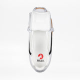 Top view of the Women's White/Black BILLY CS Low by BILLY Footwear, a sensory-friendly shoe with black accents. The open tongue reveals a red goat head logo and BILLY text. Signature double zipper sneakers on a plain white background.