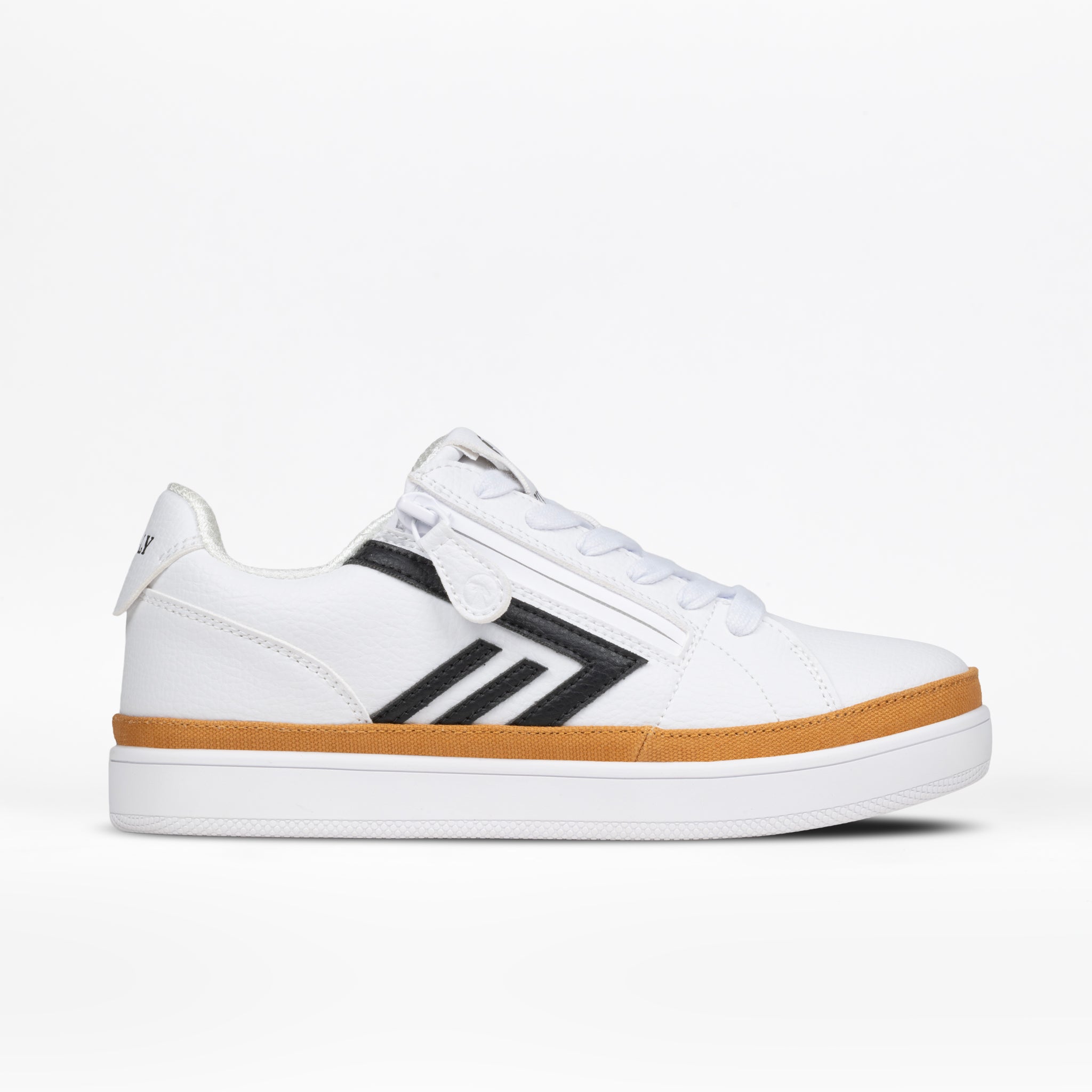 The Women's White/Black BILLY CS Low by BILLY Footwear is a white low-top sneaker with black arrow accents, a white sole, white laces, and a side zipper, displayed against a plain white background.