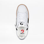 Top view of the Women's White/Black BILLY CS Low by BILLY Footwear, a sensory-friendly shoe with double side zippers for easy access and bold black and red branding on the tongue and insole.