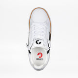 Top view of the Women's White/Black BILLY CS Low by BILLY Footwear, a sensory-friendly shoe with double side zippers for easy access and bold black and red branding on the tongue and insole.