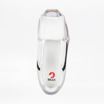 Top view of the Men's White/Black BILLY CS Low by BILLY Footwear, featuring a fully open upper, double zippers for easy access, and the BILLY logo with a red goat on the insole.