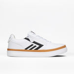 The BILLY Footwear Men's CS Low in White/Black is a white low-top skate shoe with black stripes, white laces, a brown accent above the sole, and a white sole, shown against a plain white background.