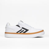 The BILLY Footwear Men's CS Low in White/Black is a white low-top skate shoe with black stripes, white laces, a brown accent above the sole, and a white sole, shown against a plain white background.