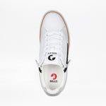 Top view of the Men's White/Black BILLY CS Low by BILLY Footwear, featuring white laces, black accents, a side zipper, and a black and white BILLY logo on the tongue. The insole displays BILLY branding with a red accent for added style.