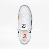 Top view of the Men's White/Black BILLY CS Low by BILLY Footwear, featuring white laces, black accents, a side zipper, and a black and white BILLY logo on the tongue. The insole displays BILLY branding with a red accent for added style.