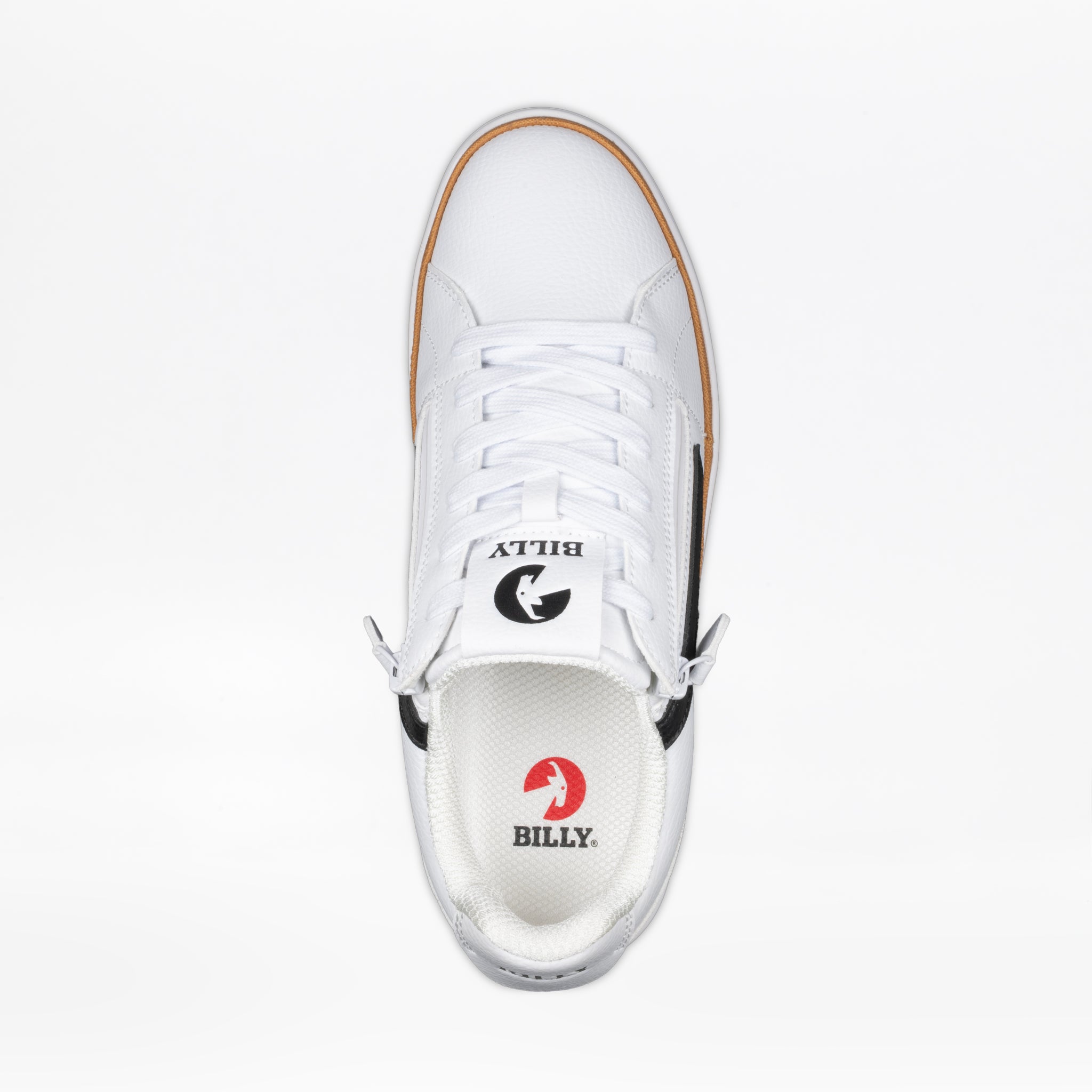 Top view of the Men's White/Black BILLY CS Low by BILLY Footwear, featuring white laces, black accents, a side zipper, and a black and white BILLY logo on the tongue. The insole displays BILLY branding with a red accent for added style.