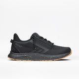 The Men's Black/Black/Gum BILLY Sport Inclusion DZ1 by BILLY Footwear is a black athletic sneaker for men featuring double zippers, a speckled black-and-white midsole, tan gum outsole, and BILLY branding on the heel, shown on a white background.