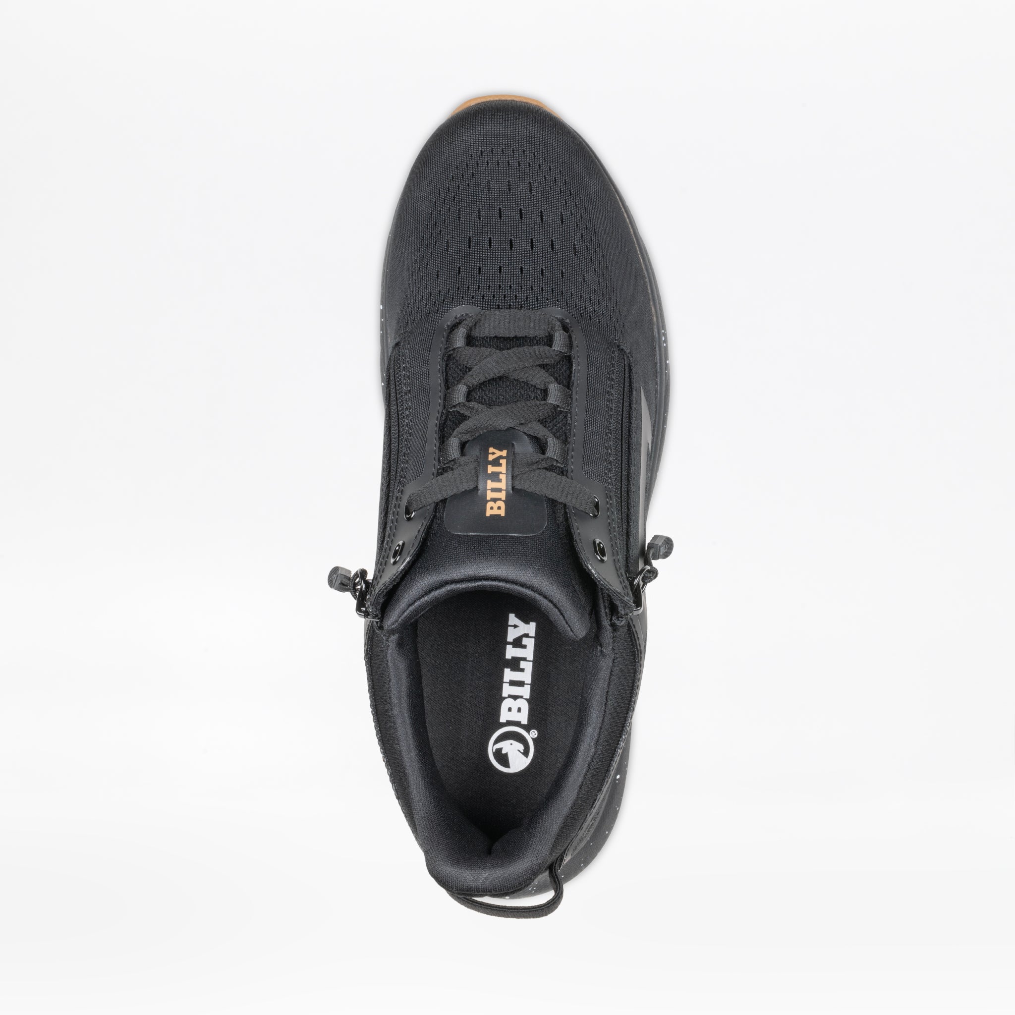 Top view of the Men's Black/Black/Gum BILLY Sport Inclusion DZ1 sneaker by BILLY Footwear. This wide-width shoe features double side zippers and has "BILLY" on the tongue and insole. The background is white.