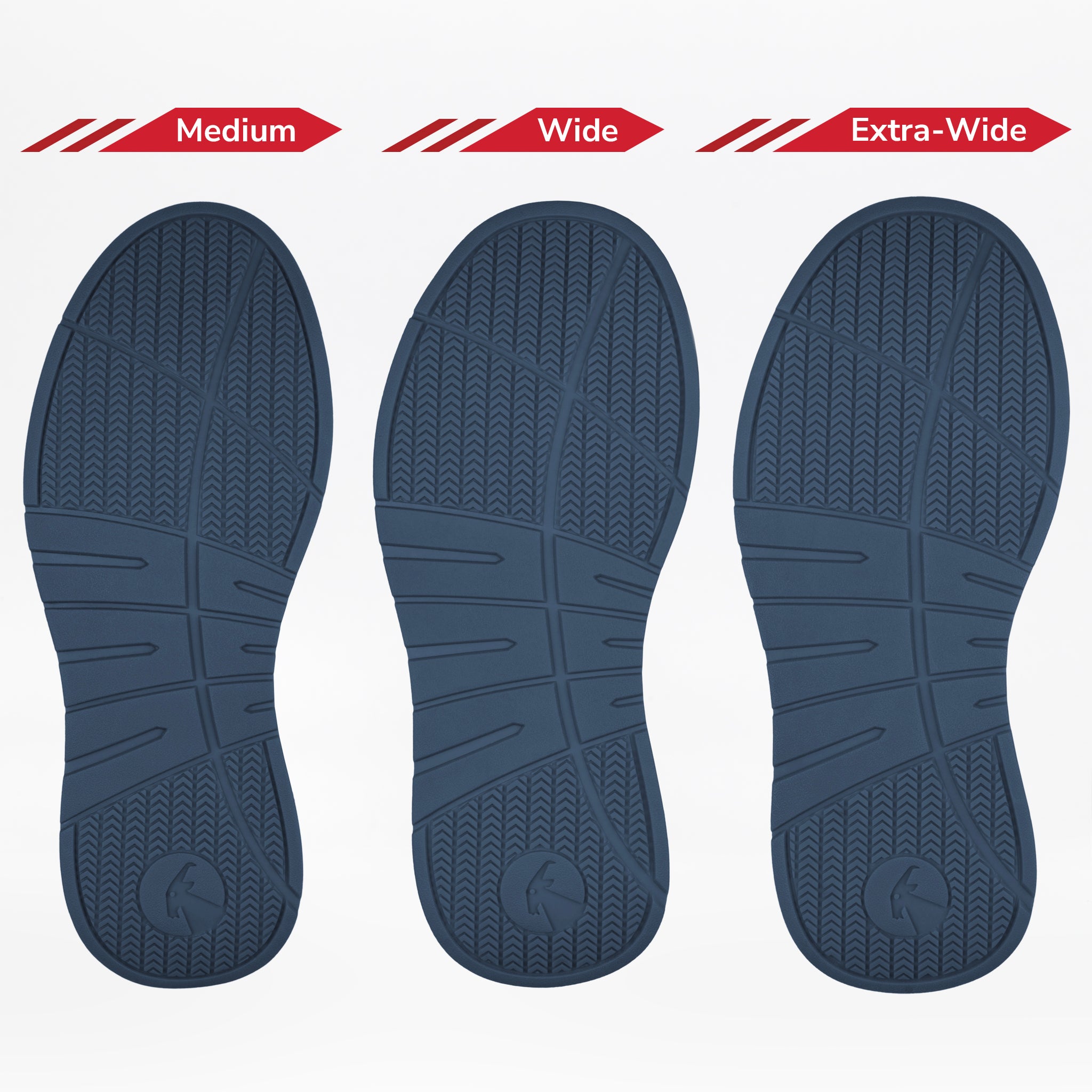 Three blue insoles labeled Medium, Wide, and Extra-Wide are displayed side by side to show the width options available for the Men's White/Navy BILLY Comfort Court from BILLY Footwear.