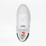 Top view of the Men's White/Navy BILLY Comfort Court by BILLY Footwear, featuring white laces, side zipper, navy blue heel accent, and an insole with the BILLY logo—ideal for those seeking stylish men’s fashion shoes.