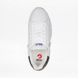 Top view of the Men's White/Navy BILLY Comfort Court by BILLY Footwear, featuring white laces, side zipper, navy blue heel accent, and an insole with the BILLY logo—ideal for those seeking stylish men’s fashion shoes.