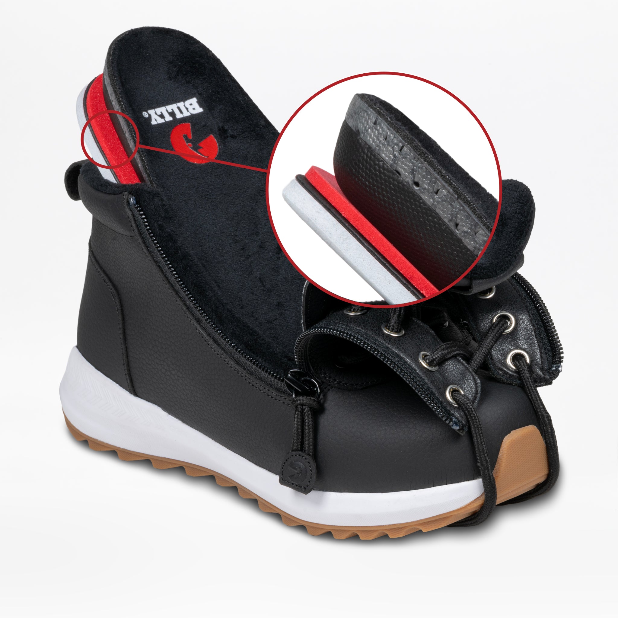 Black shoe with white sole and red interior, featuring a close-up of the sole on a light gray background.
