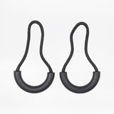 Two black zipper pulls with rubber half loops and black cord on a white background